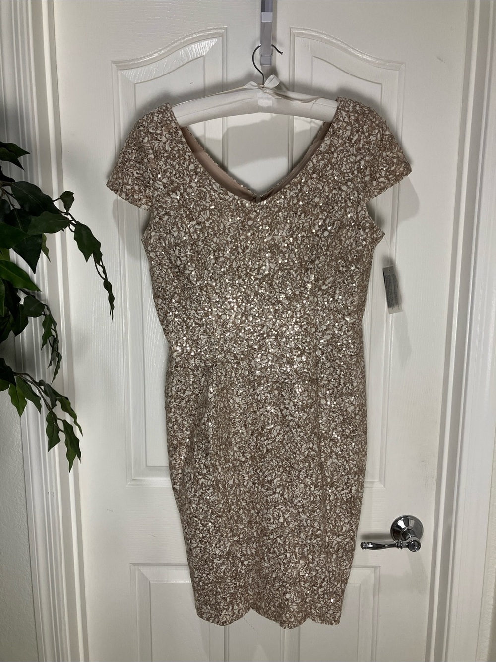 Alex Evenings Taupe Sequin V-Neck Midi Dress, 16, Champagne Ivory